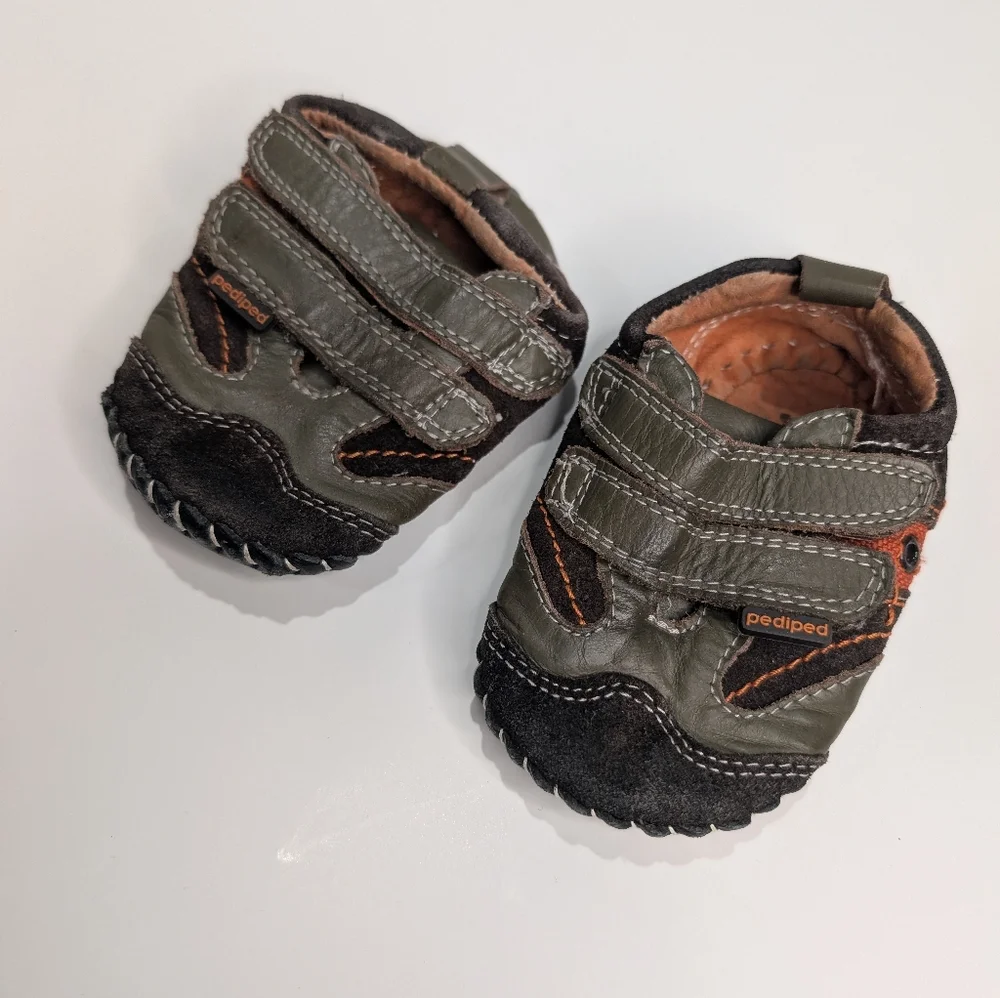 Pediped Leather Baby Shoes | Size 12–18 Months | Soft Sole Flex | Gray‎ & Orange
